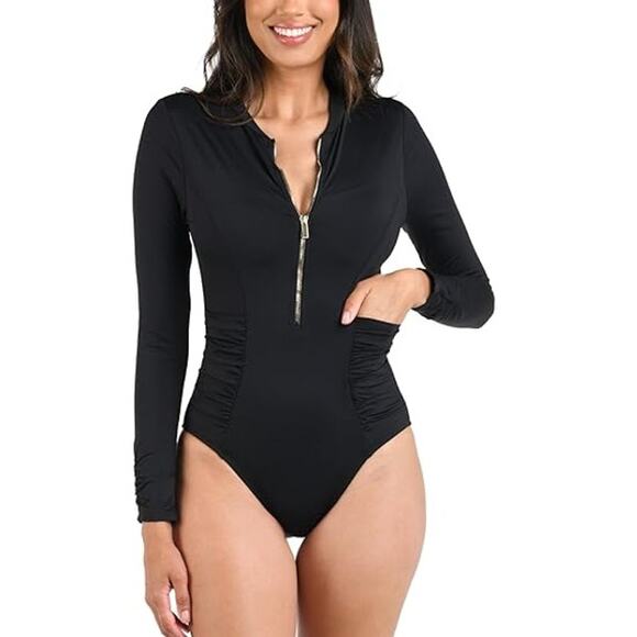 NWT New La Blanca Womens Medium Black Long Sleeve Half Zip Paddlesuit Swim Suit - Picture 1 of 4
